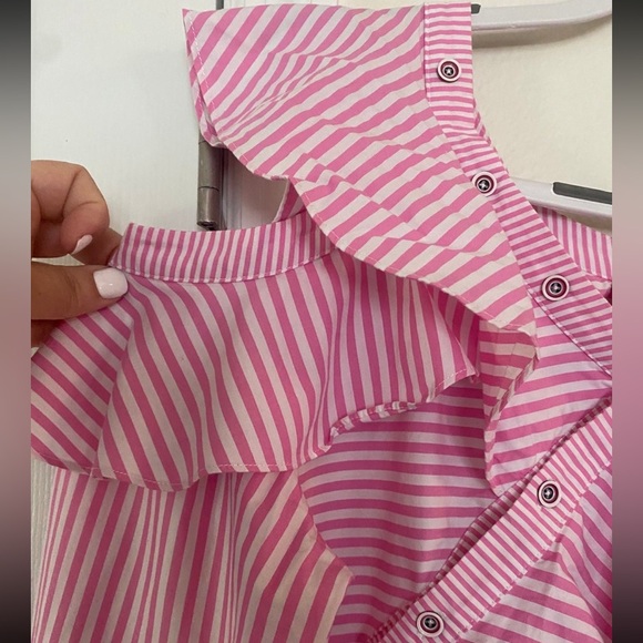 V Cristina White/Pink  Pinstripe Cold Shoulder Asymmetric Button Down Shirt L - Picture 5 of 9